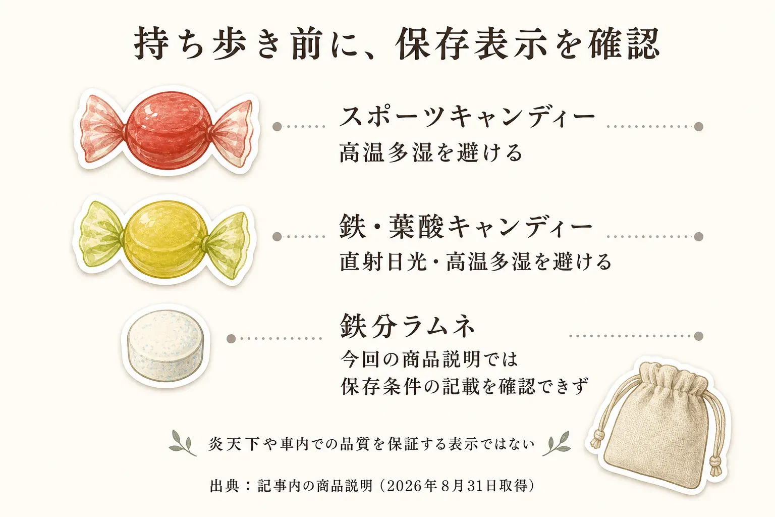 持ち歩き前に確認する保存表示を示す図。スポーツキャンディーは高温多湿を避ける、鉄・葉酸キャンディーは直射日光・高温多湿を避ける表示で、鉄分ラムネは今回の商品説明で保存条件の記載を確認できない。これらは炎天下や車内での品質を保証する表示ではない。出典は記事内の商品説明（2026年8月31日取得）。