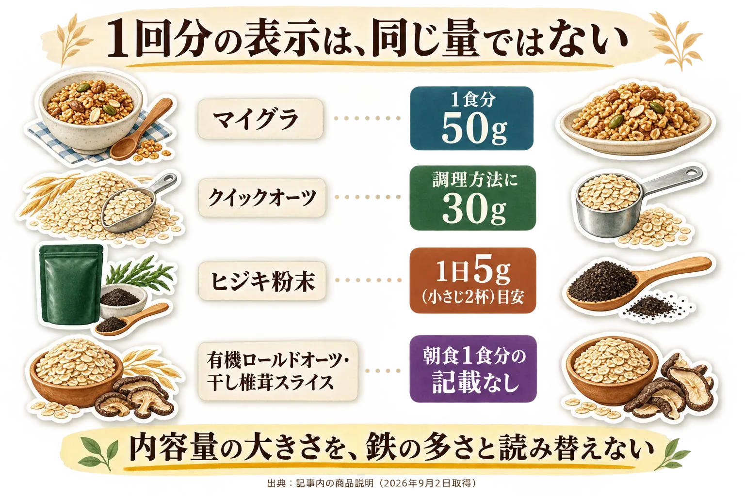 1回分の表示を比較する図。マイグラは1食分50g、クイックオーツは調理方法に30g、ヒジキ粉末は1日5g（小さじ2杯）目安。有機ロールドオーツと干し椎茸スライスは朝食1食分の記載なし。内容量の大きさを鉄の多さと読み替えない。出典は2026年9月2日取得の商品情報。