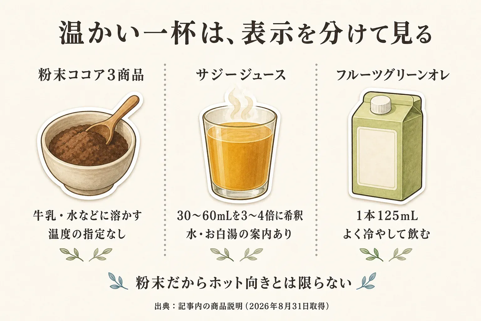 温かい一杯に関する表示を比較する図。粉末ココア3商品は牛乳・水などに溶かすが温度指定はなく、サジージュースは30〜60mLを3〜4倍に希釈して水・お白湯の案内があり、フルーツグリーンオレは1本125mLをよく冷やして飲む。粉末だからホット向きとは限らない。出典：記事内の商品説明（2026年8月31日取得）。