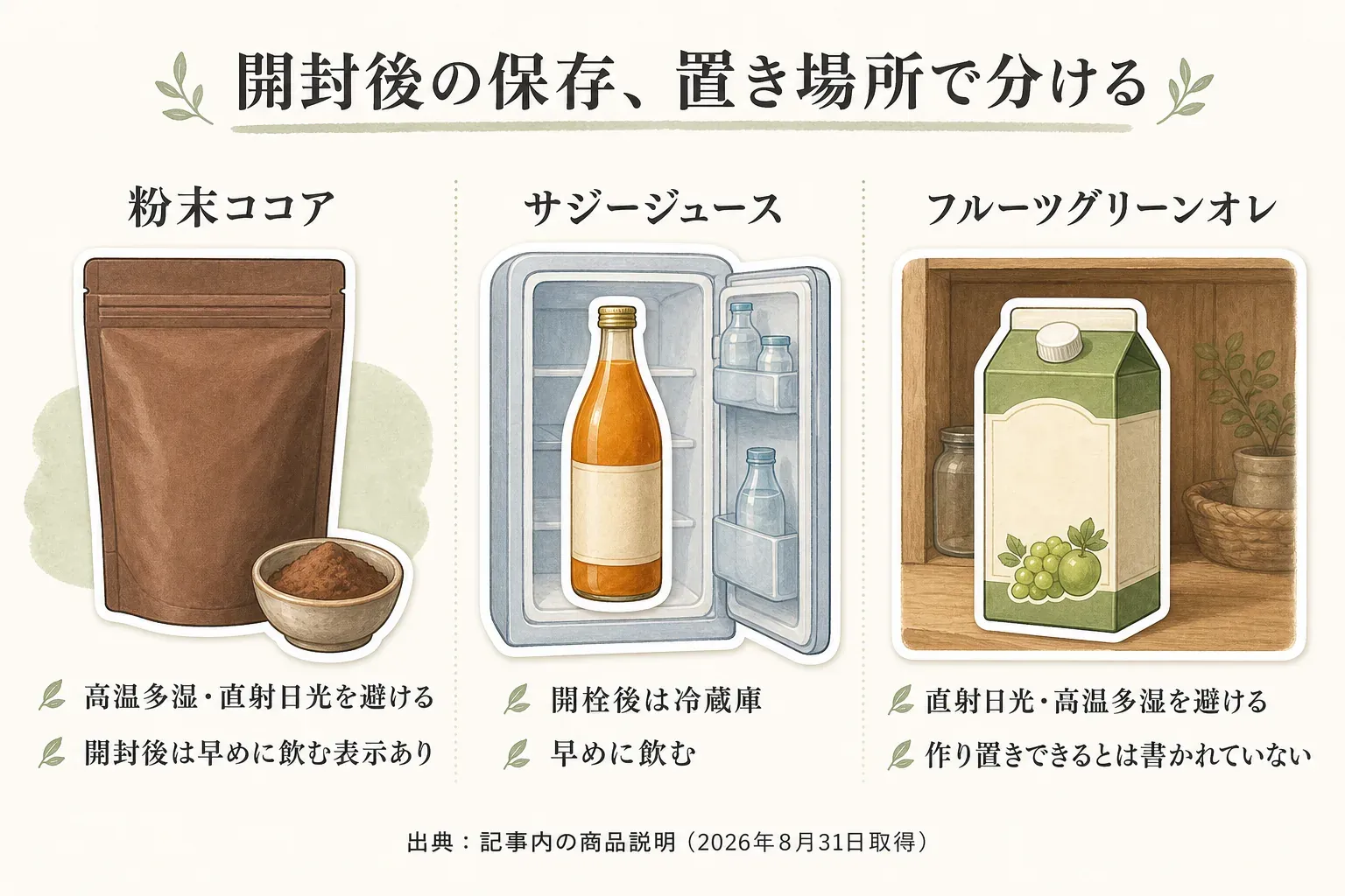 開封後の保存場所を比べる図。粉末ココアは高温多湿・直射日光を避け、開封後は早めに飲む表示があり、サジージュースは開栓後に冷蔵庫で早めに飲む。フルーツグリーンオレは直射日光・高温多湿を避け、作り置きできるとは書かれていない。出典：記事内の商品説明（2026年8月31日取得）。