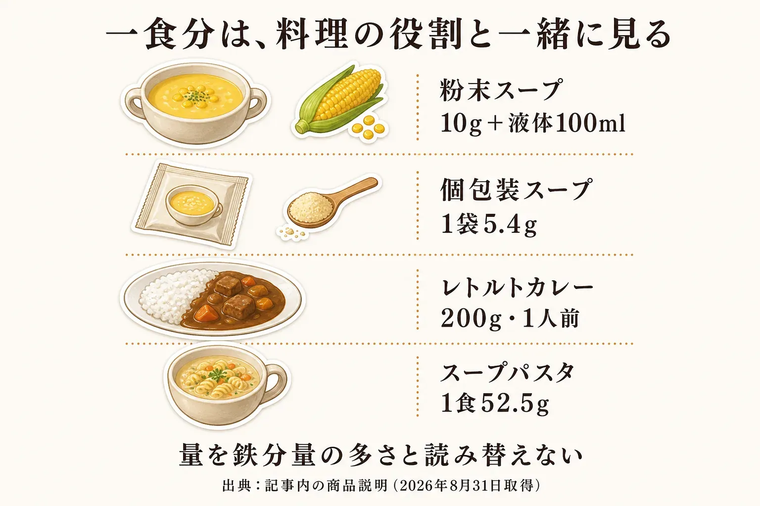鉄分入りスープ・カレー4商品の一食分を比較する図。はぐくみ太郎は粉末10gと液体100ml、しじみわかめスープは1袋5.4g、旨鹿カレーは200g・1人前、ZENB DELIのカレー味は1食52.5gで、それぞれ飲み物に近い一杯、乾燥スープ、主菜、パスタ入りの一品として役割が異なる。出典は2026年8月31日取得の商品情報。