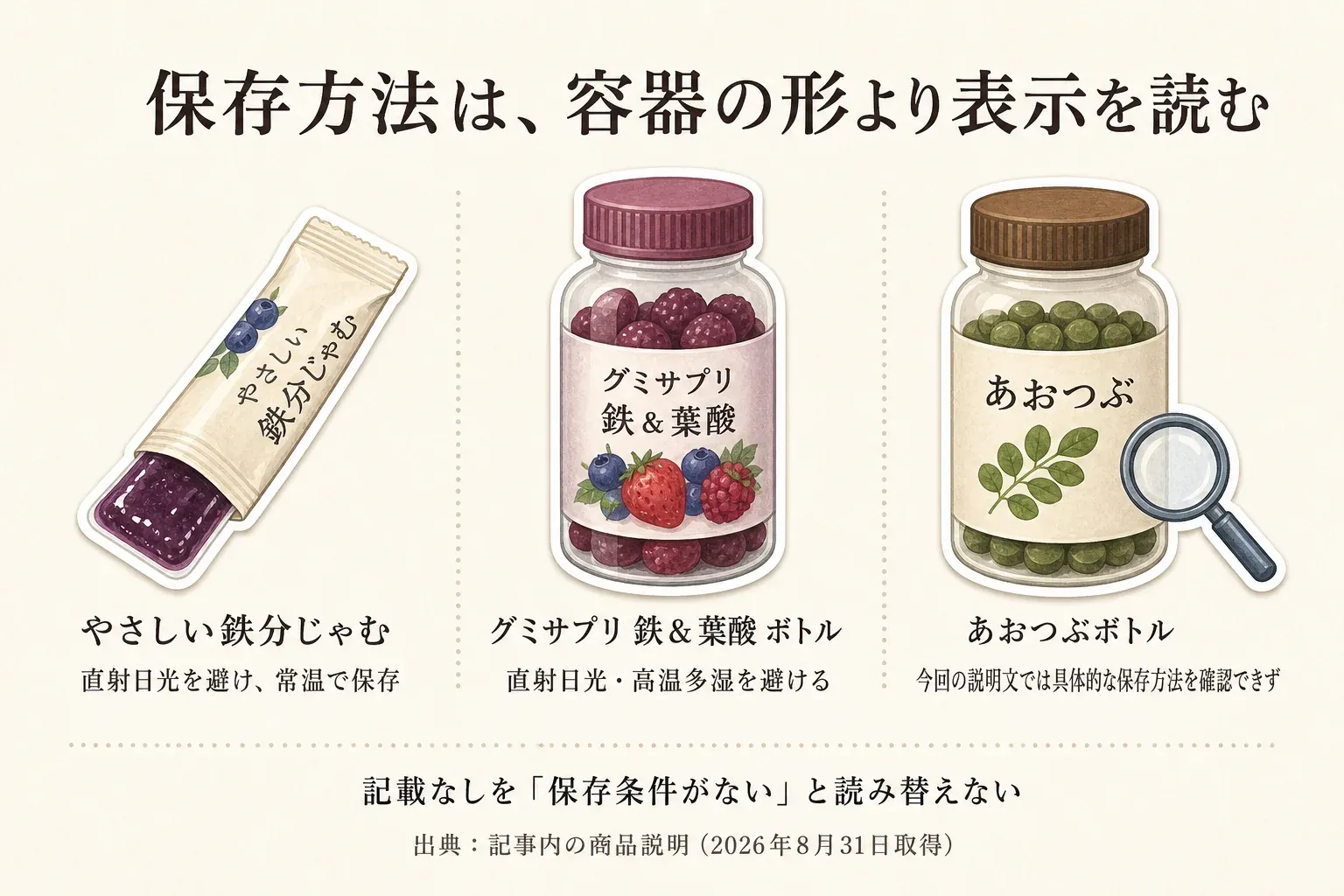 保存方法は容器の形より表示を読むことを示す図。やさしい鉄分じゃむは直射日光を避け常温保存、グミサプリ鉄＆葉酸ボトルは直射日光・高温多湿を避ける、あおつぶボトルは今回の説明文では具体的な保存方法を確認できず、記載なしを保存条件がないと読み替えないよう示している。出典：記事内の商品説明（2026年8月31日取得）。