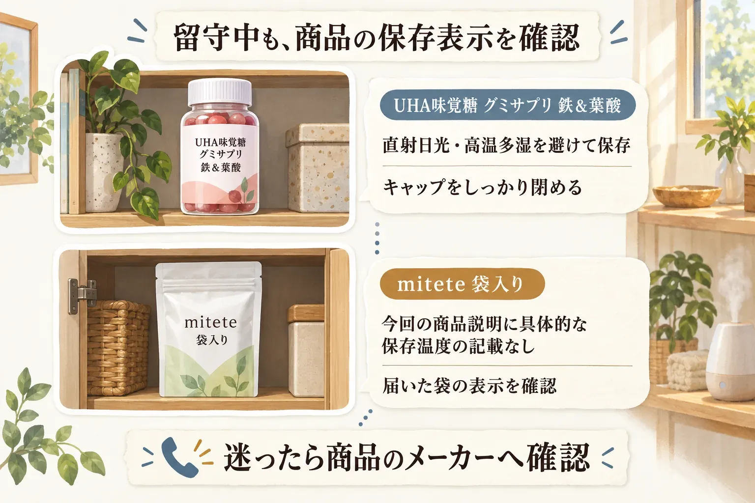 留守中も商品の保存表示を確認する図。棚に置いたUHA味覚糖グミサプリ鉄＆葉酸は直射日光・高温多湿を避け、キャップをしっかり閉める。mitete袋入りは今回の商品説明に具体的な保存温度の記載がないため届いた袋の表示を確認し、迷ったら商品のメーカーへ確認すると示している。出典：記事内の商品説明（2026年10月2日取得）。