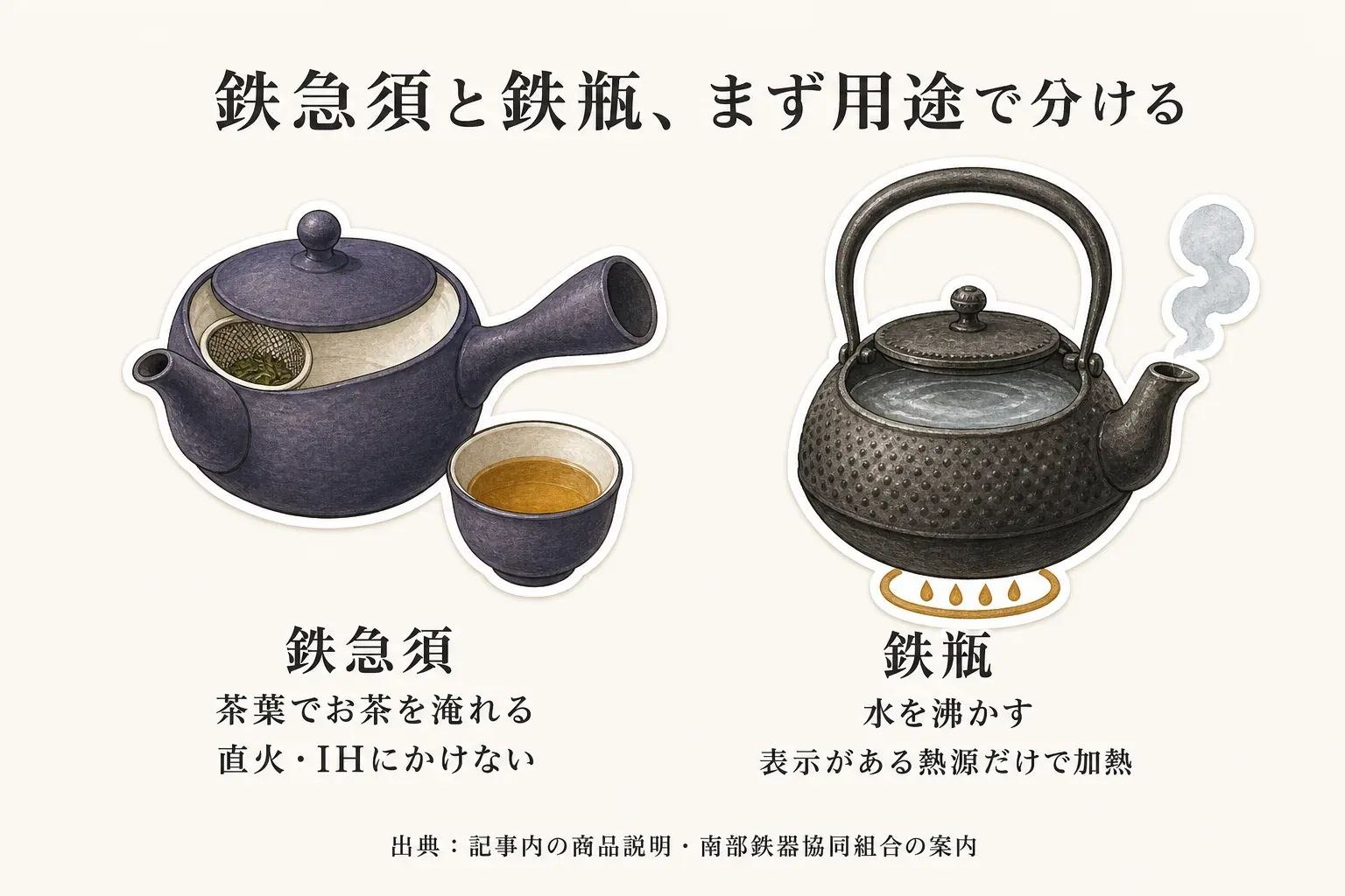 鉄急須と鉄瓶の用途を分けて示す図。鉄急須は茶葉でお茶を淹れ、直火・IHにかけない。鉄瓶は水を沸かし、対応表示がある熱源だけで加熱する。出典は記事内の商品説明・南部鉄器協同組合の案内。