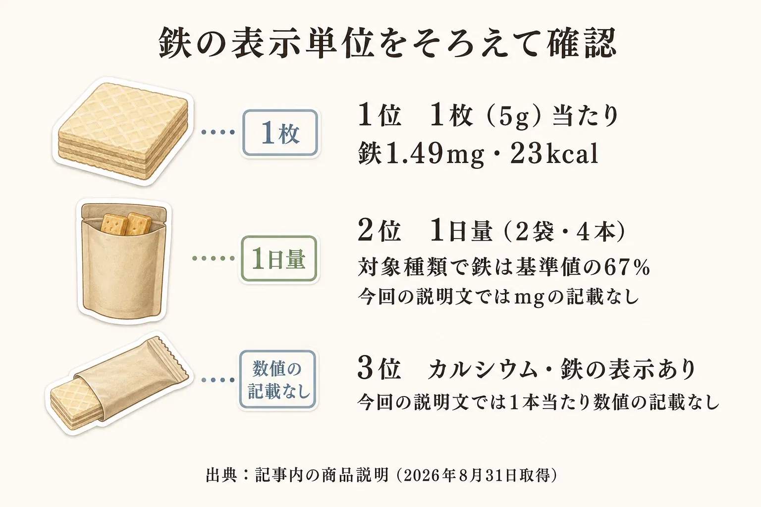 鉄の表示単位をそろえて確認する図。1位は1枚5g当たり鉄1.49mg・23kcal、2位は1日量2袋4本で対象種類の鉄が基準値の67％・今回の説明文にmg表示なし、3位はカルシウム・鉄の表示はあるが今回の説明文に1本当たり数値の記載なし。出典は記事内の商品説明（2026年8月31日取得）。
