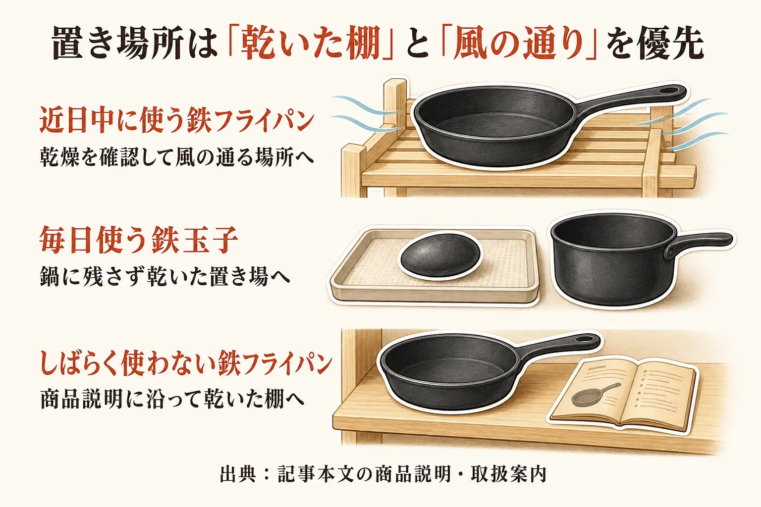 鉄フライパンと鉄玉子の置き場所を示す図。近日中に使う鉄フライパンは風の通る棚へ、毎日使う鉄玉子は鍋に残さず乾いた受け皿へ、しばらく使わない鉄フライパンは商品説明に沿って乾いた棚へ置く。出典：記事本文の商品説明・取扱案内。