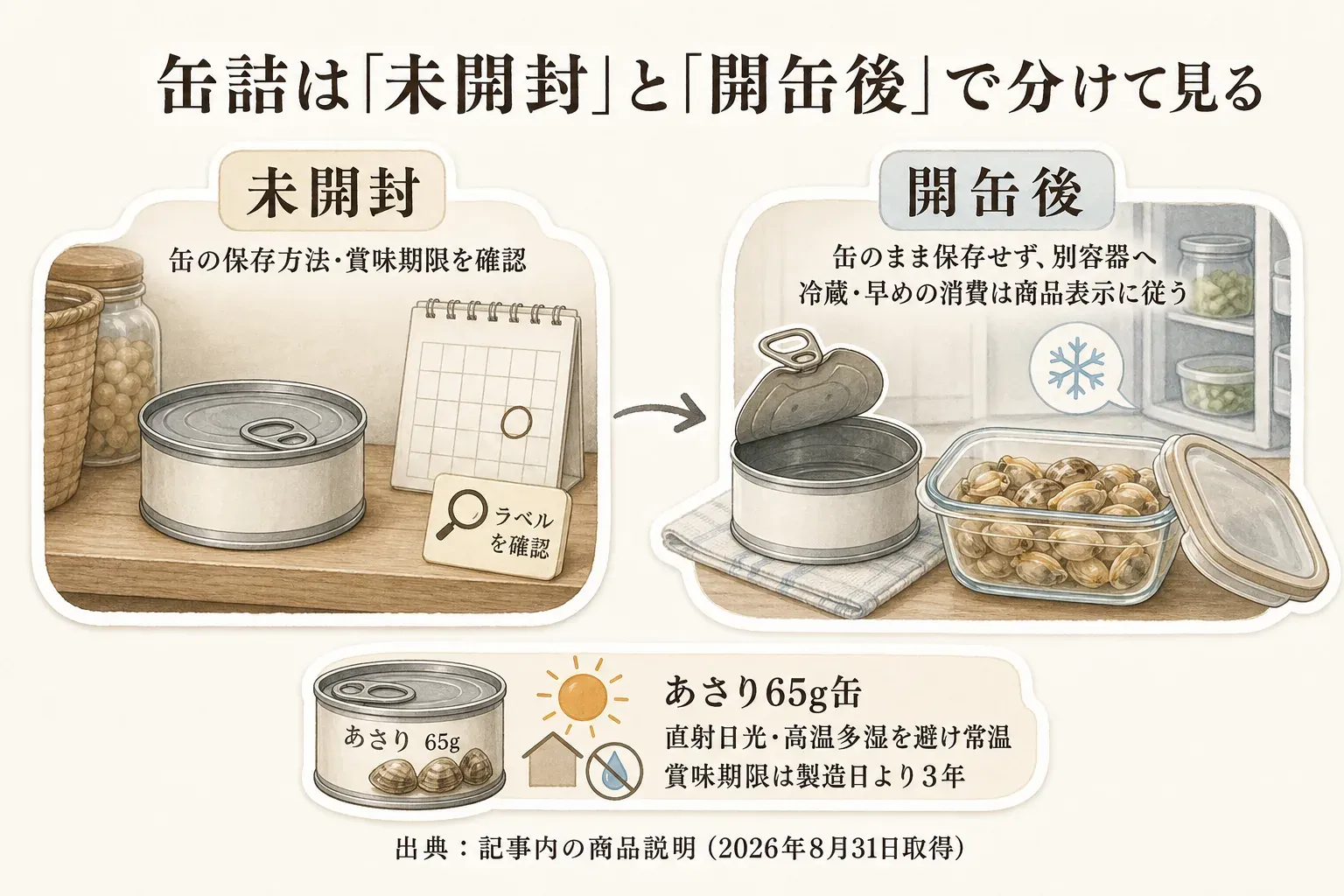 缶詰の保存を未開封と開缶後で分けて示す図。未開封は缶の保存方法と賞味期限をラベルで確認し、開缶後は缶のまま保存せず別容器に移して冷蔵し、早めの消費は商品表示に従う。あさり65g缶は直射日光・高温多湿を避け常温保存、賞味期限は製造日より3年の表示。出典は記事内の商品説明（2026年8月31日取得）。